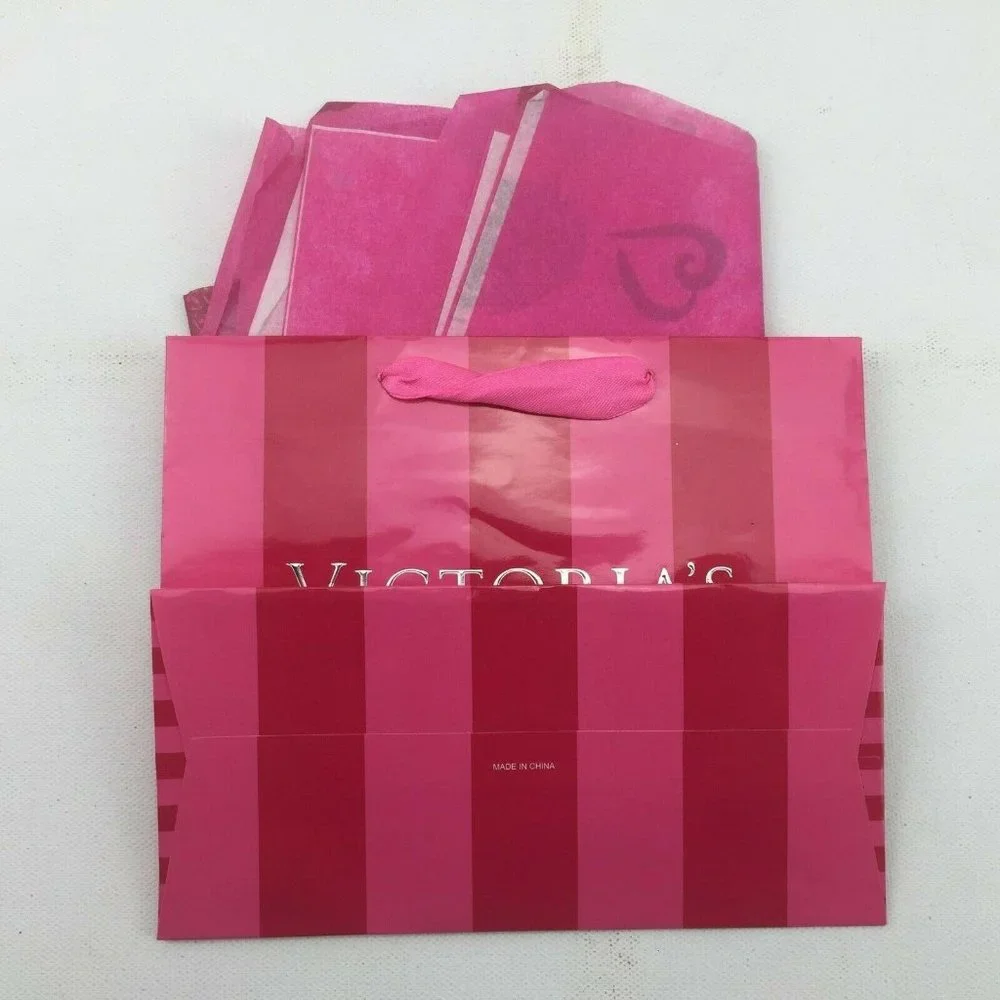 Victorias Secret Shopping Bag Ribbon Strings Pink Striped Reusable Gift Bag Set